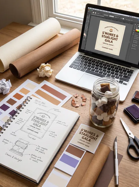 Mesa de diseño de una etiqueta personalizada para un evento
