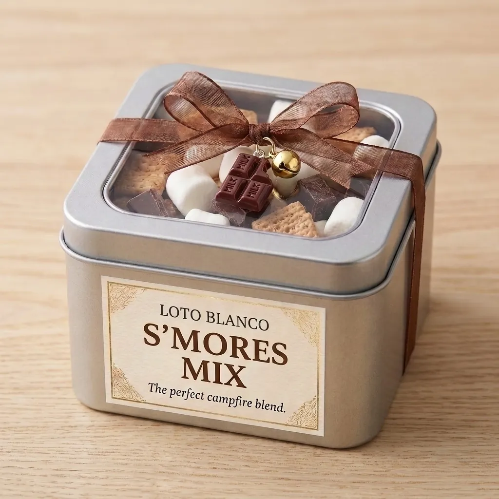 Cajita de lata con S'mores Mix, cinta y dije