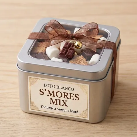 Cajita de lata Loto Blanco con S'mores Mix, cinta y dije