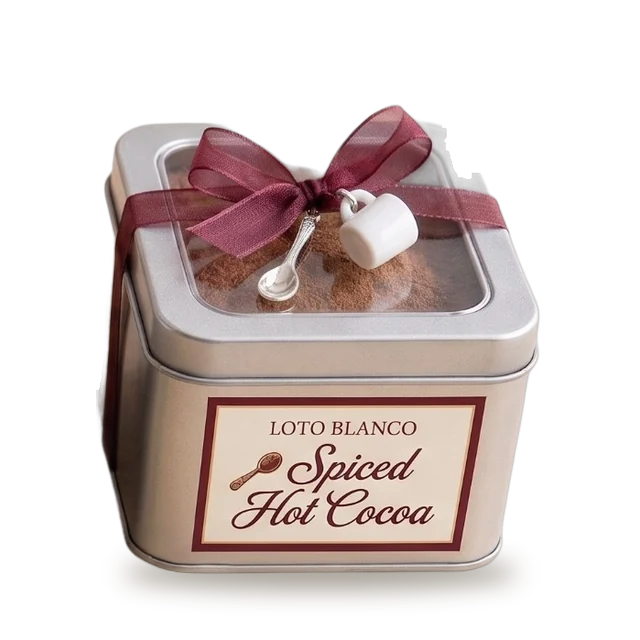 Lata Loto Blanco de Spiced Hot Cocoa (chocolate caliente especiado) con moño vinotinto, taza y cucharita