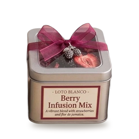 Lata Loto Blanco de Berry Infusion Mix (infusión de frutos rojos) con ventana y moño vinotinto
