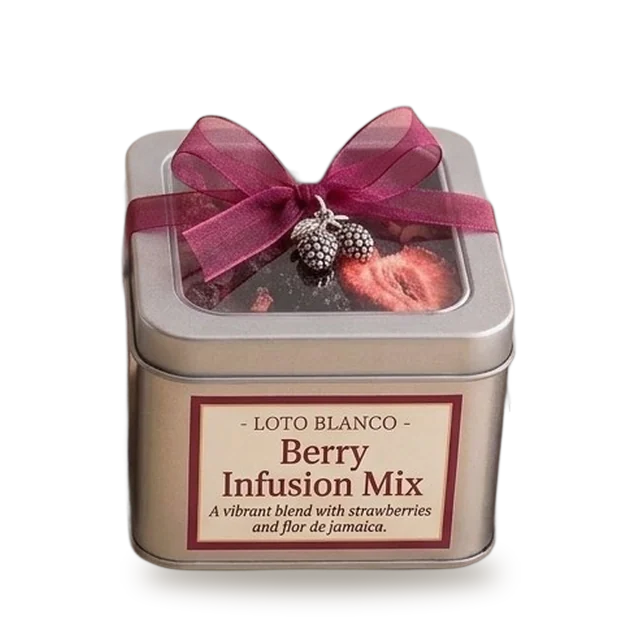 Lata Loto Blanco de Berry Infusion Mix (infusión de frutos rojos) con ventana y moño vinotinto