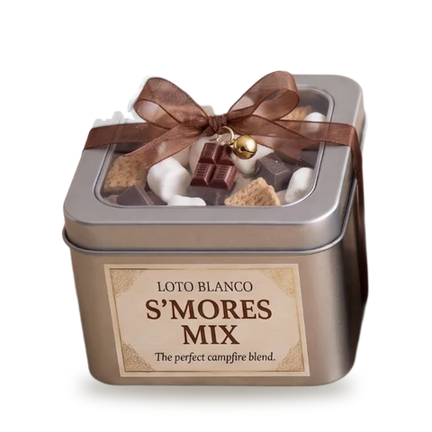 Lata Loto Blanco de S'mores Mix con moño café y dije de chocolate